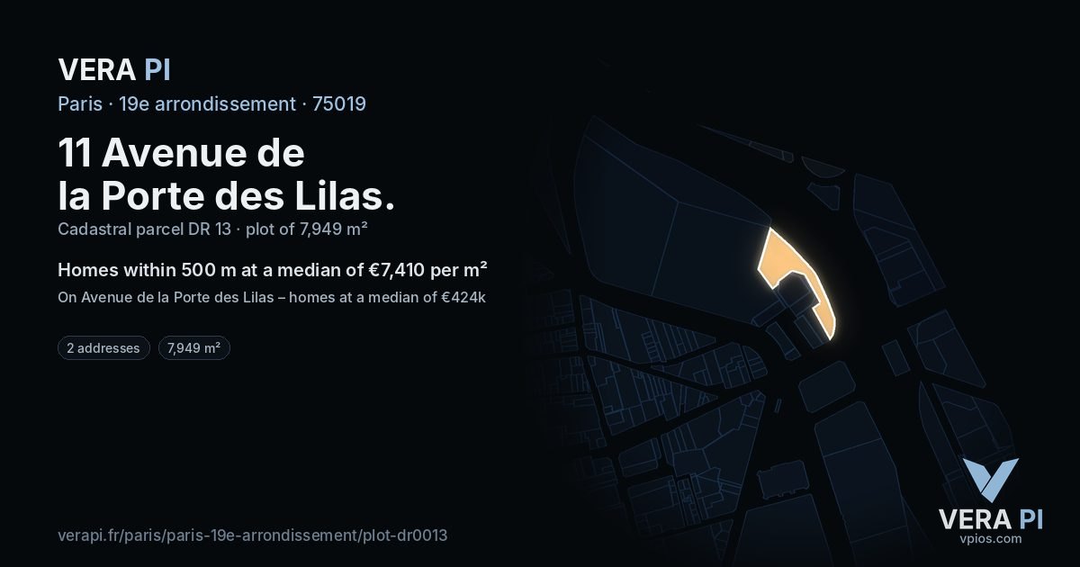 11 Avenue de la Porte des Lilas, 19e arrondissement at night – the plot lit, the parcels around coloured by the prices near them