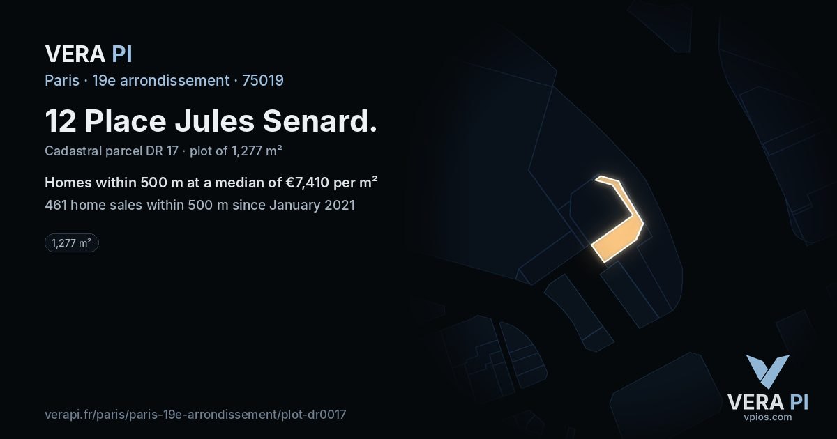 12 Place Jules Senard, 19e arrondissement at night – the plot lit, the parcels around coloured by the prices near them