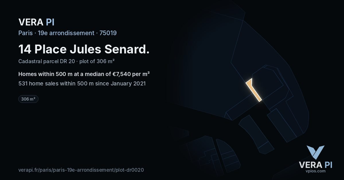 14 Place Jules Senard, 19e arrondissement at night – the plot lit, the parcels around coloured by the prices near them