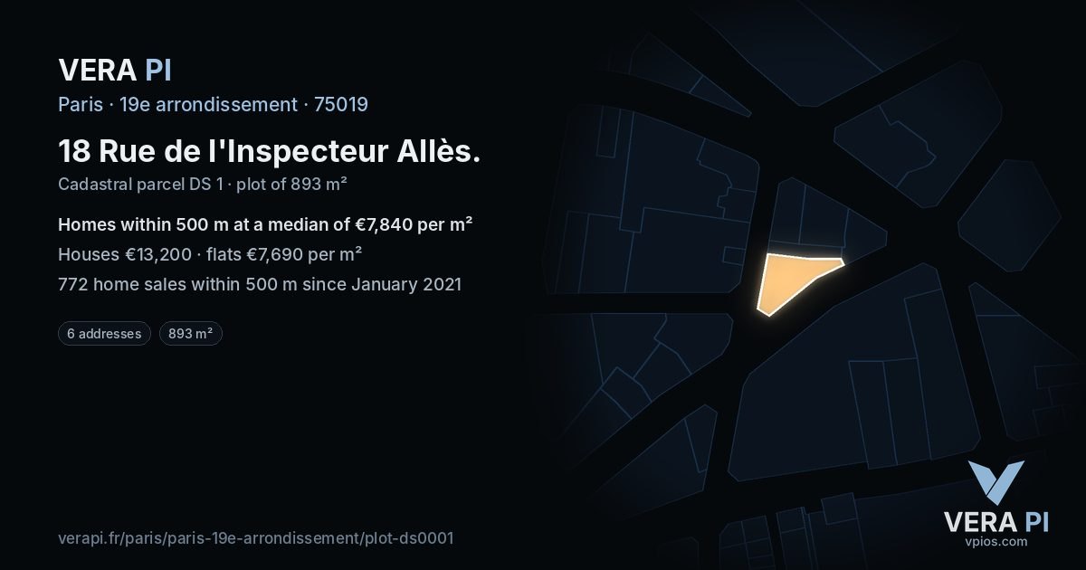 18 Rue de l'Inspecteur Allès, 19e arrondissement at night – the plot lit, the parcels around coloured by the prices near them