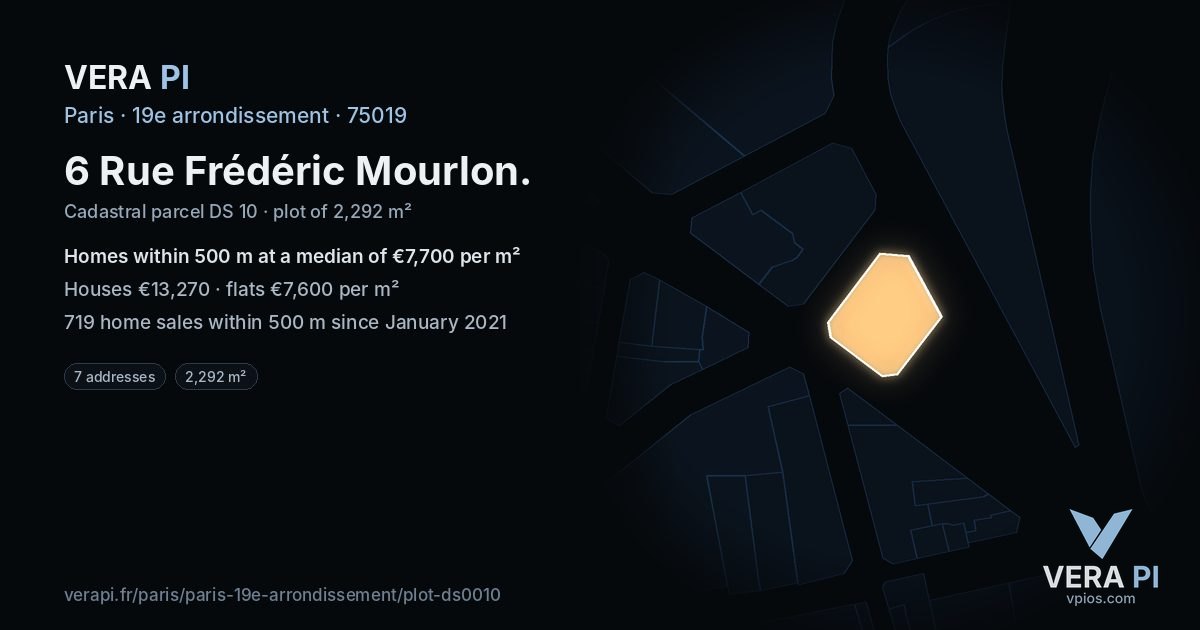 6 Rue Frédéric Mourlon, 19e arrondissement at night – the plot lit, the parcels around coloured by the prices near them