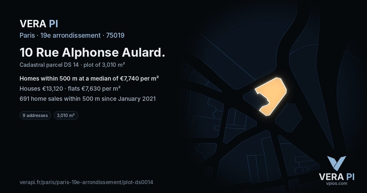 10 Rue Alphonse Aulard, 19e arrondissement at night – the plot lit, the parcels around coloured by the prices near them