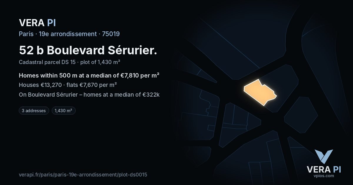52 b Boulevard Sérurier, 19e arrondissement at night – the plot lit, the parcels around coloured by the prices near them
