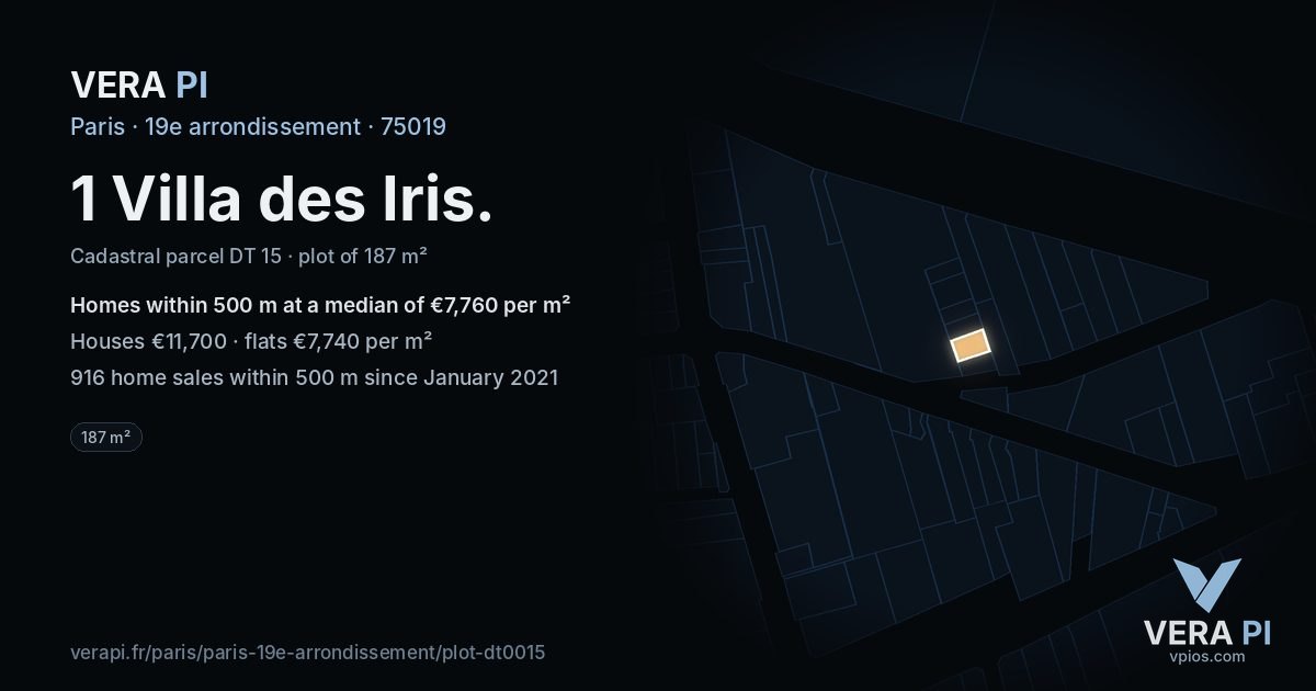 1 Villa des Iris, 19e arrondissement at night – the plot lit, the parcels around coloured by the prices near them