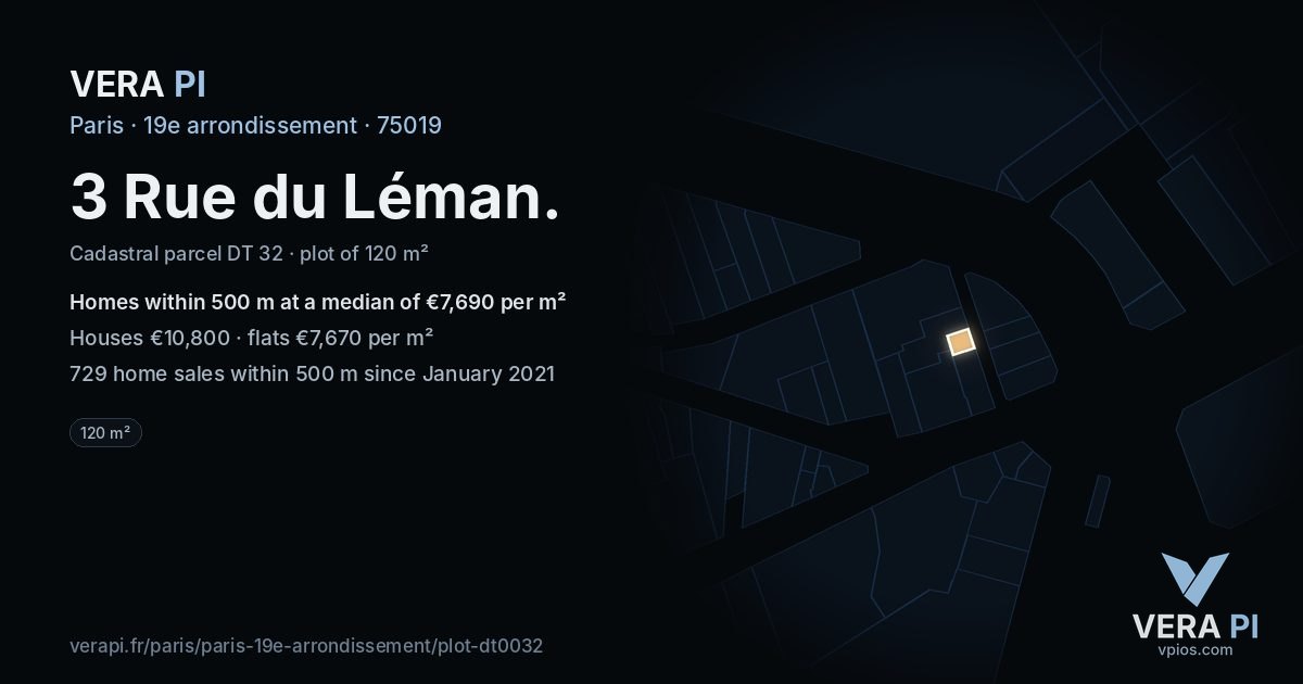 3 Rue du Léman, 19e arrondissement at night – the plot lit, the parcels around coloured by the prices near them
