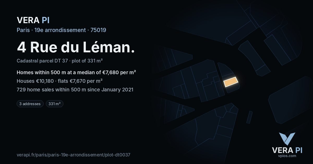 4 Rue du Léman, 19e arrondissement at night – the plot lit, the parcels around coloured by the prices near them