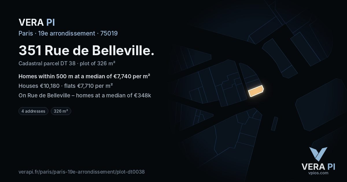351 Rue de Belleville, 19e arrondissement at night – the plot lit, the parcels around coloured by the prices near them
