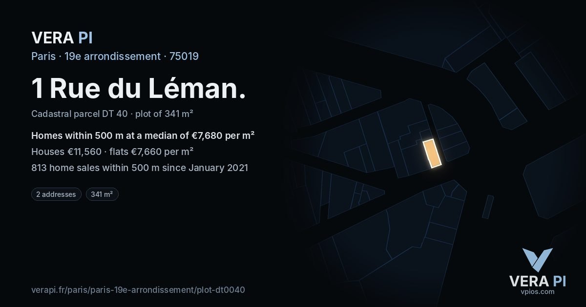 1 Rue du Léman, 19e arrondissement at night – the plot lit, the parcels around coloured by the prices near them