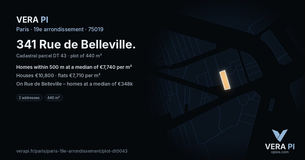 341 Rue de Belleville, 19e arrondissement at night – the plot lit, the parcels around coloured by the prices near them