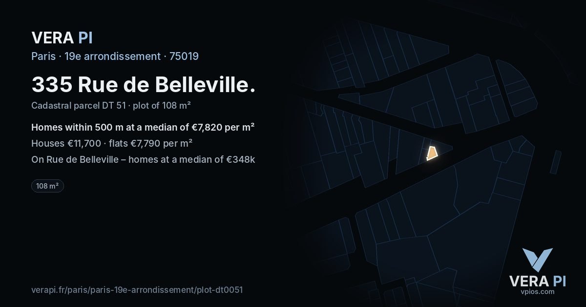 335 Rue de Belleville, 19e arrondissement at night – the plot lit, the parcels around coloured by the prices near them