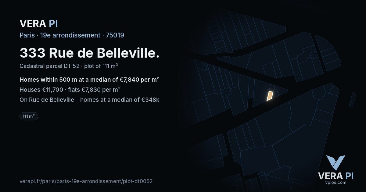 333 Rue de Belleville, 19e arrondissement at night – the plot lit, the parcels around coloured by the prices near them