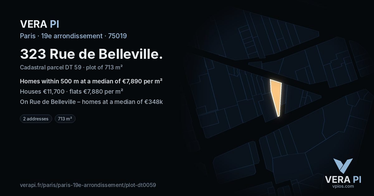 323 Rue de Belleville, 19e arrondissement at night – the plot lit, the parcels around coloured by the prices near them