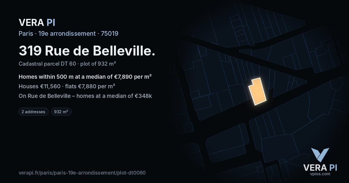 319 Rue de Belleville, 19e arrondissement at night – the plot lit, the parcels around coloured by the prices near them