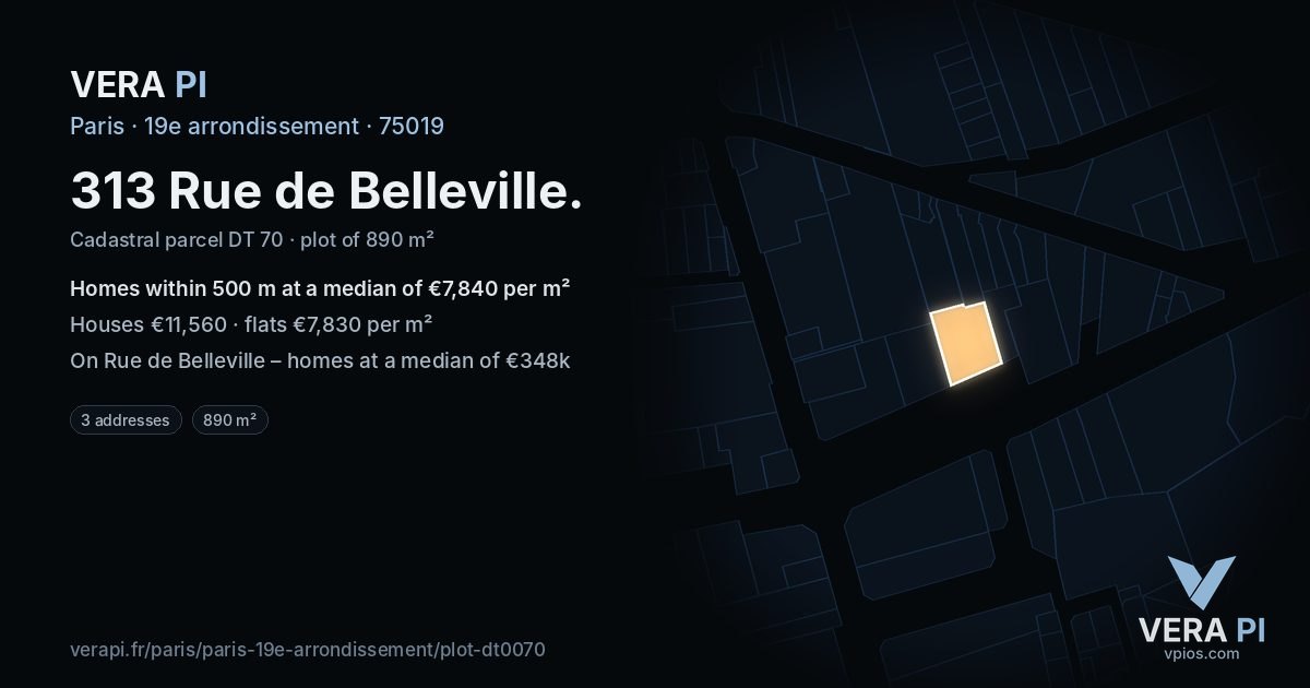 313 Rue de Belleville, 19e arrondissement at night – the plot lit, the parcels around coloured by the prices near them