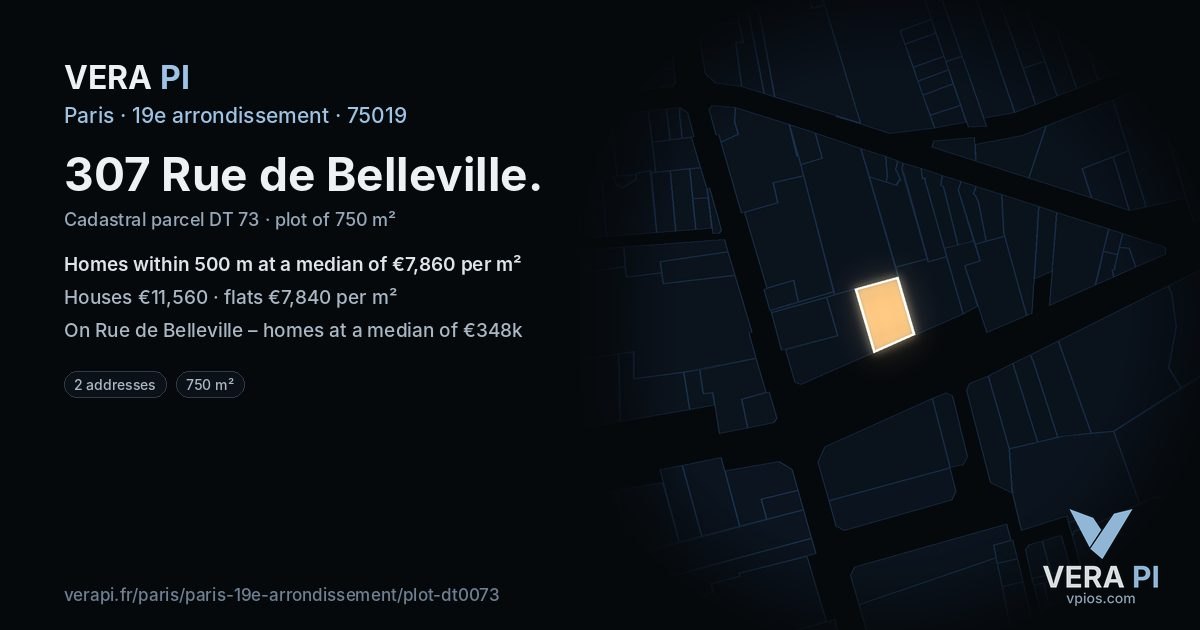 307 Rue de Belleville, 19e arrondissement at night – the plot lit, the parcels around coloured by the prices near them