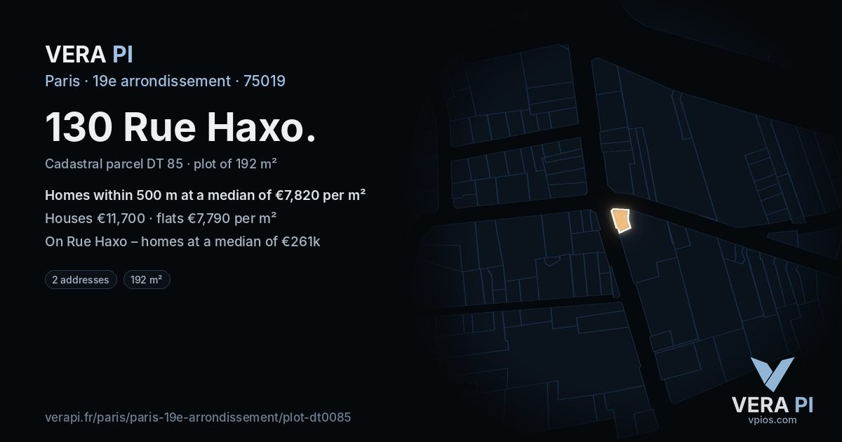130 Rue Haxo, 19e arrondissement at night – the plot lit, the parcels around coloured by the prices near them