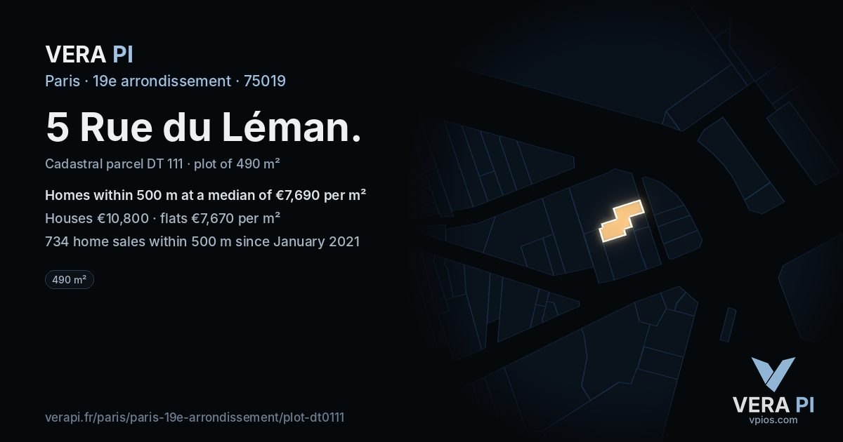 5 Rue du Léman, 19e arrondissement at night – the plot lit, the parcels around coloured by the prices near them