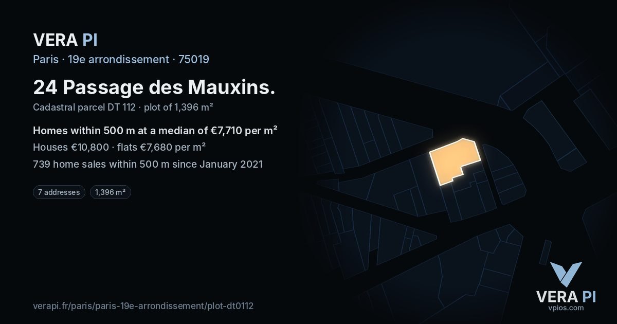 24 Passage des Mauxins, 19e arrondissement at night – the plot lit, the parcels around coloured by the prices near them