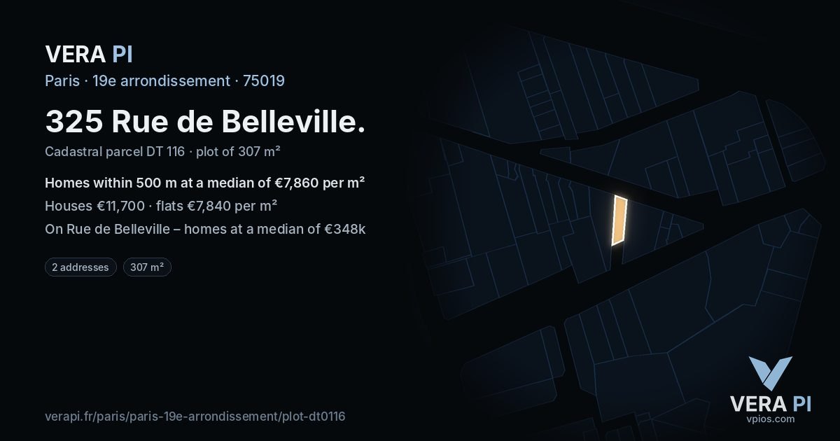 325 Rue de Belleville, 19e arrondissement at night – the plot lit, the parcels around coloured by the prices near them