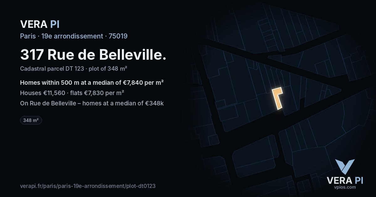 317 Rue de Belleville, 19e arrondissement at night – the plot lit, the parcels around coloured by the prices near them