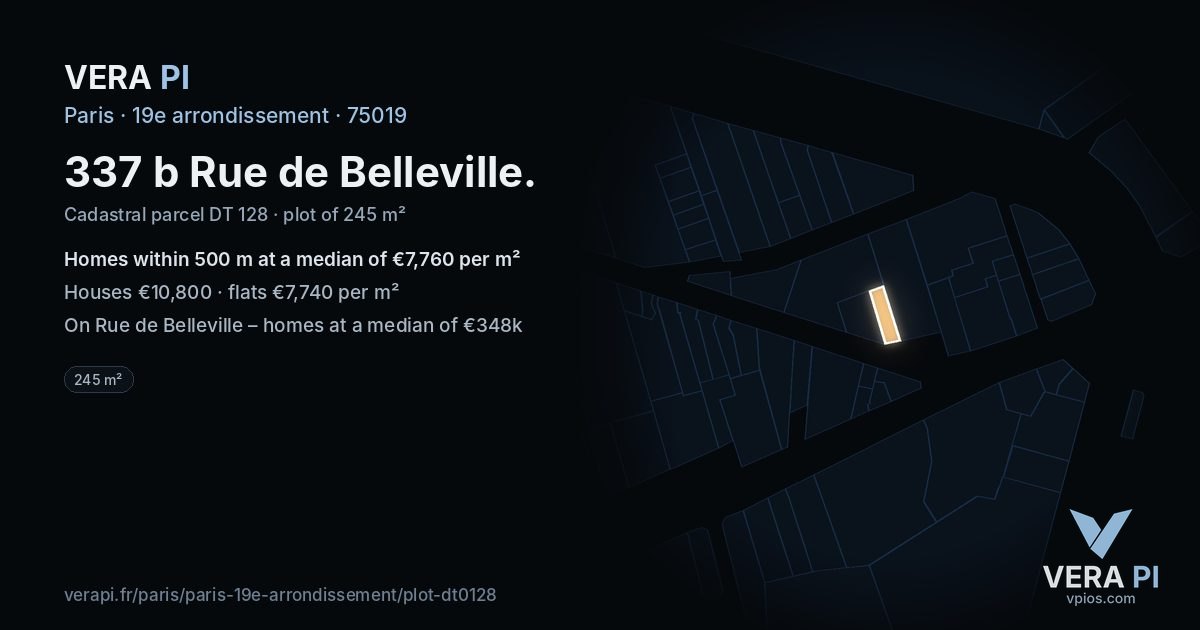 337 b Rue de Belleville, 19e arrondissement at night – the plot lit, the parcels around coloured by the prices near them