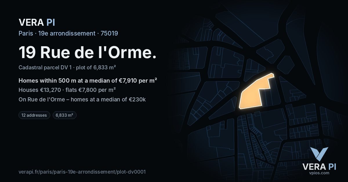 19 Rue de l'Orme, 19e arrondissement at night – the plot lit, the parcels around coloured by the prices near them