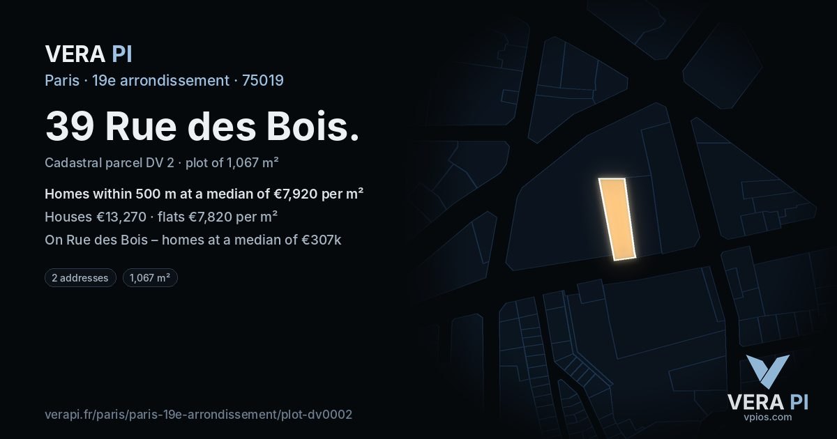 39 Rue des Bois, 19e arrondissement at night – the plot lit, the parcels around coloured by the prices near them