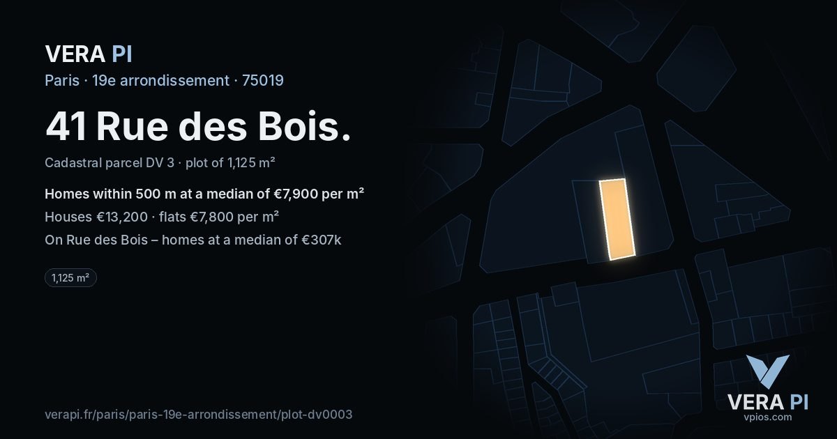 41 Rue des Bois, 19e arrondissement at night – the plot lit, the parcels around coloured by the prices near them