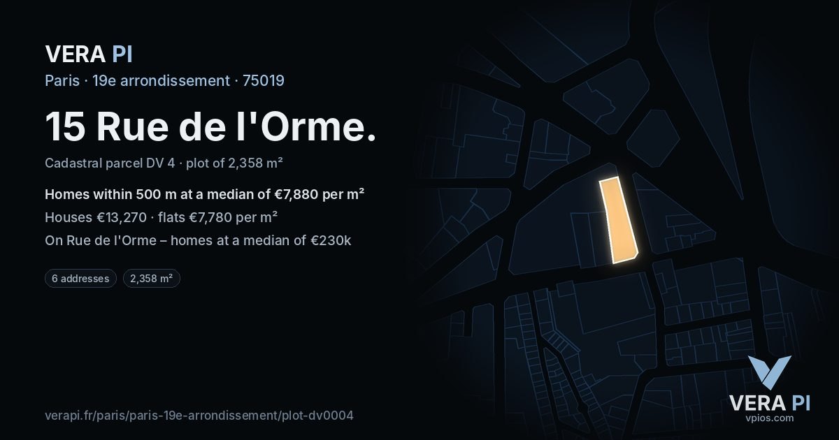 15 Rue de l'Orme, 19e arrondissement at night – the plot lit, the parcels around coloured by the prices near them
