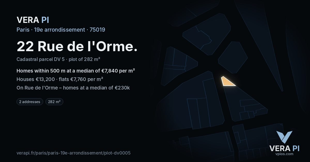 22 Rue de l'Orme, 19e arrondissement at night – the plot lit, the parcels around coloured by the prices near them