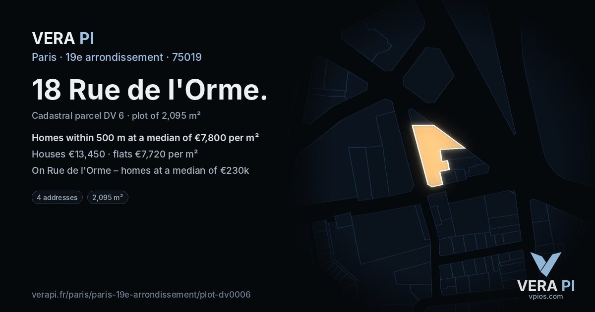 18 Rue de l'Orme, 19e arrondissement at night – the plot lit, the parcels around coloured by the prices near them