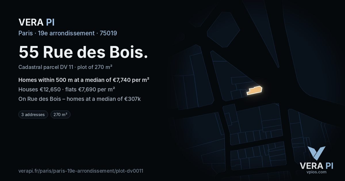 55 Rue des Bois, 19e arrondissement at night – the plot lit, the parcels around coloured by the prices near them