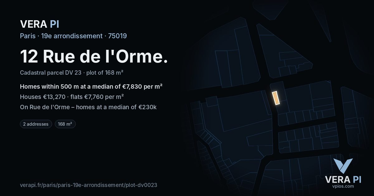 12 Rue de l'Orme, 19e arrondissement at night – the plot lit, the parcels around coloured by the prices near them