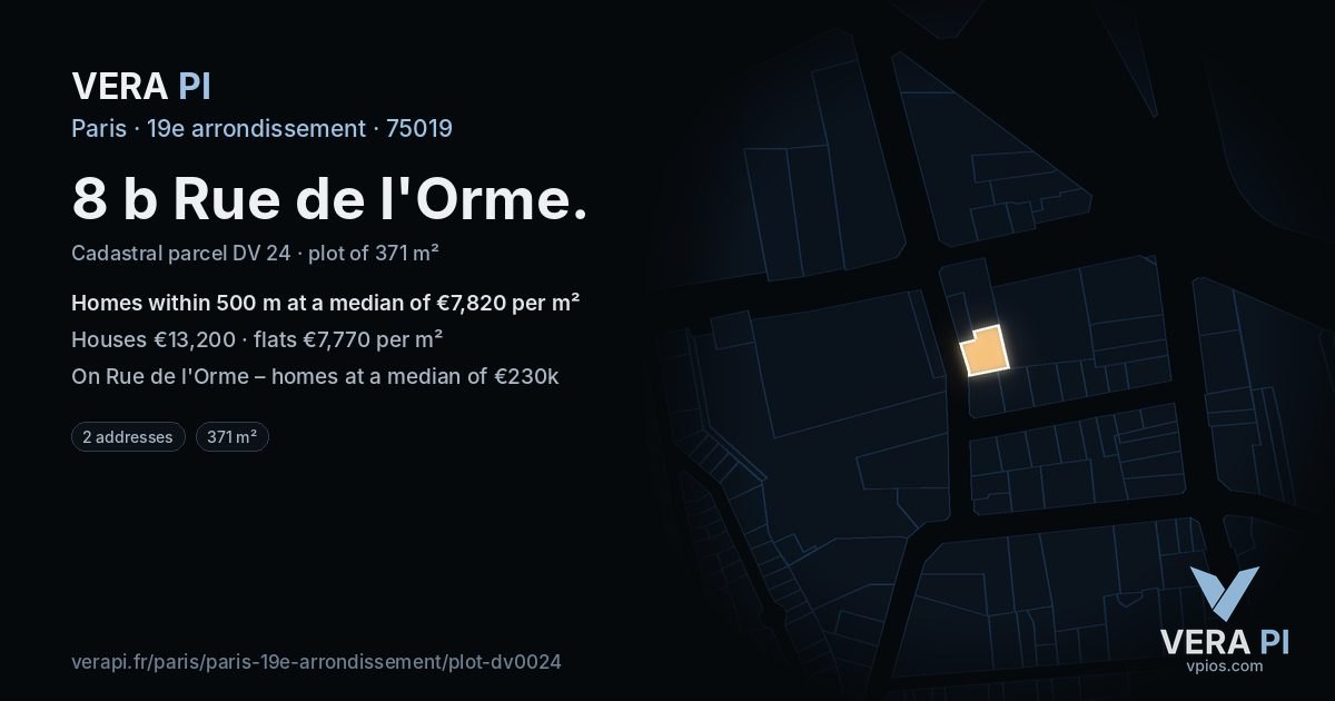 8 b Rue de l'Orme, 19e arrondissement at night – the plot lit, the parcels around coloured by the prices near them
