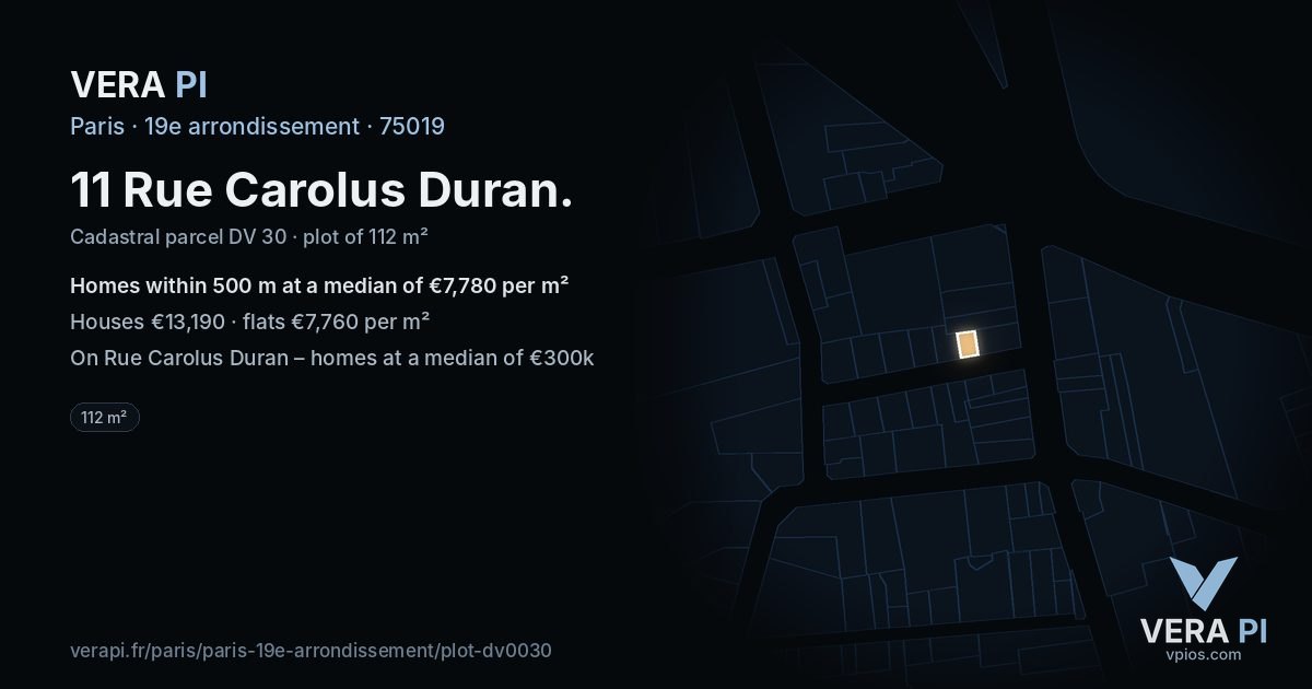11 Rue Carolus Duran, 19e arrondissement at night – the plot lit, the parcels around coloured by the prices near them