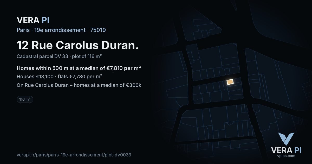 12 Rue Carolus Duran, 19e arrondissement at night – the plot lit, the parcels around coloured by the prices near them