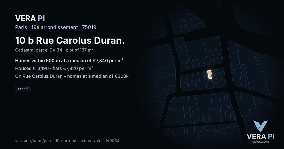 10 b Rue Carolus Duran, 19e arrondissement at night – the plot lit, the parcels around coloured by the prices near them