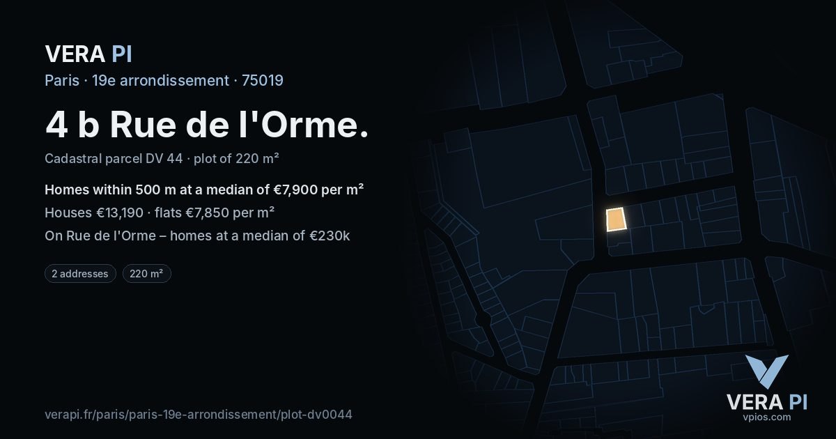 4 b Rue de l'Orme, 19e arrondissement at night – the plot lit, the parcels around coloured by the prices near them