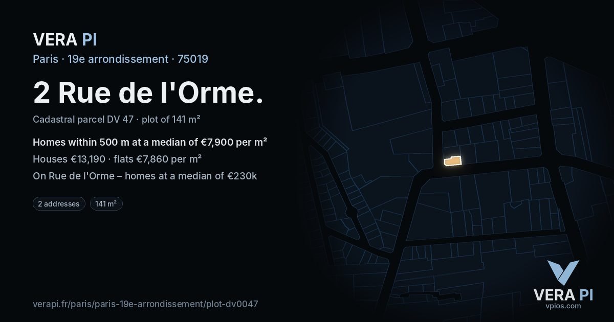 2 Rue de l'Orme, 19e arrondissement at night – the plot lit, the parcels around coloured by the prices near them