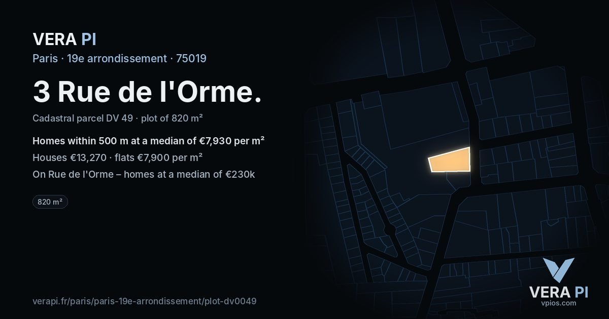 3 Rue de l'Orme, 19e arrondissement at night – the plot lit, the parcels around coloured by the prices near them