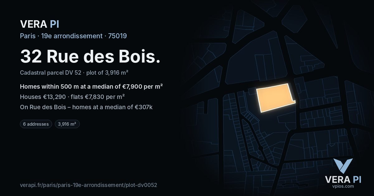 32 Rue des Bois, 19e arrondissement at night – the plot lit, the parcels around coloured by the prices near them