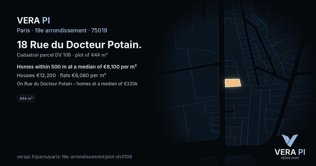 18 Rue du Docteur Potain, 19e arrondissement at night – the plot lit, the parcels around coloured by the prices near them
