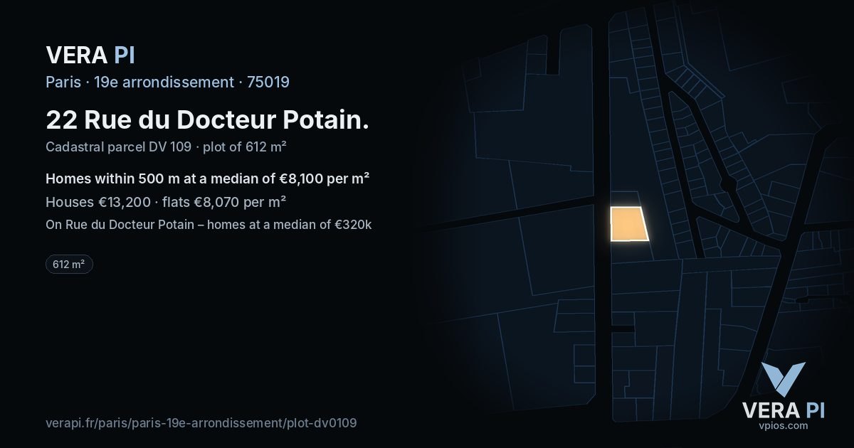 22 Rue du Docteur Potain, 19e arrondissement at night – the plot lit, the parcels around coloured by the prices near them