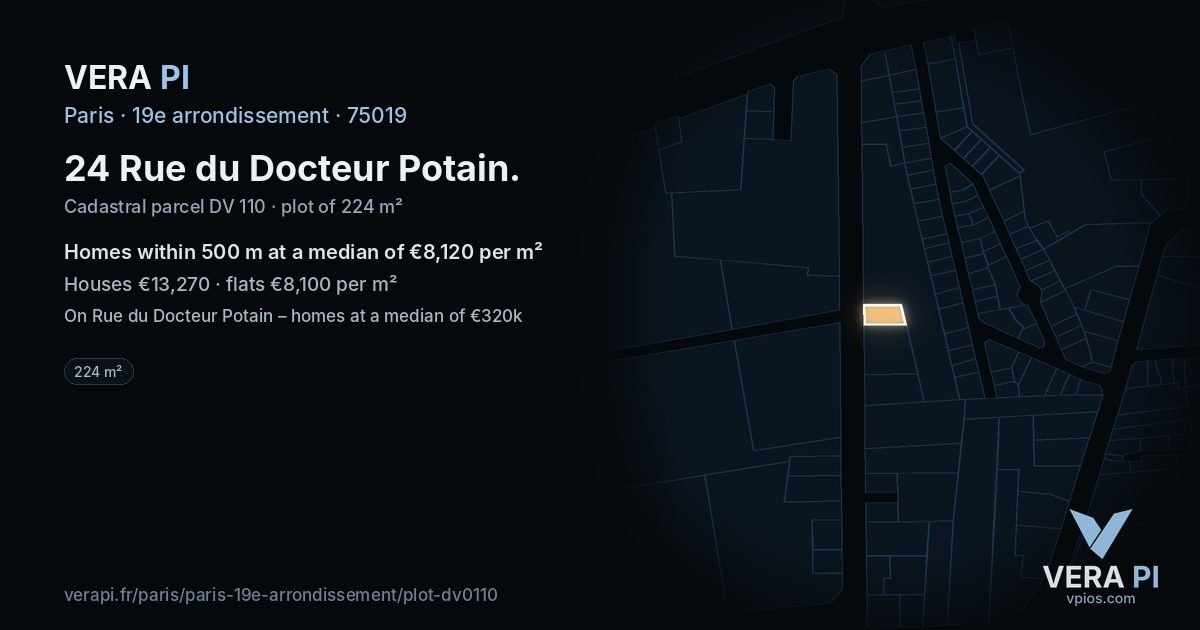 24 Rue du Docteur Potain, 19e arrondissement at night – the plot lit, the parcels around coloured by the prices near them