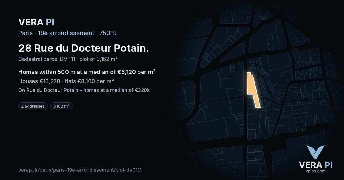 28 Rue du Docteur Potain, 19e arrondissement at night – the plot lit, the parcels around coloured by the prices near them