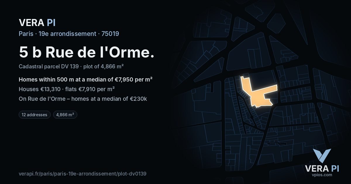 5 b Rue de l'Orme, 19e arrondissement at night – the plot lit, the parcels around coloured by the prices near them