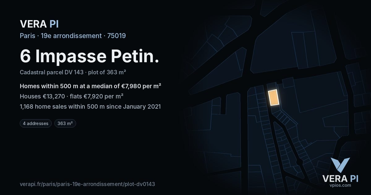 6 Impasse Petin, 19e arrondissement at night – the plot lit, the parcels around coloured by the prices near them