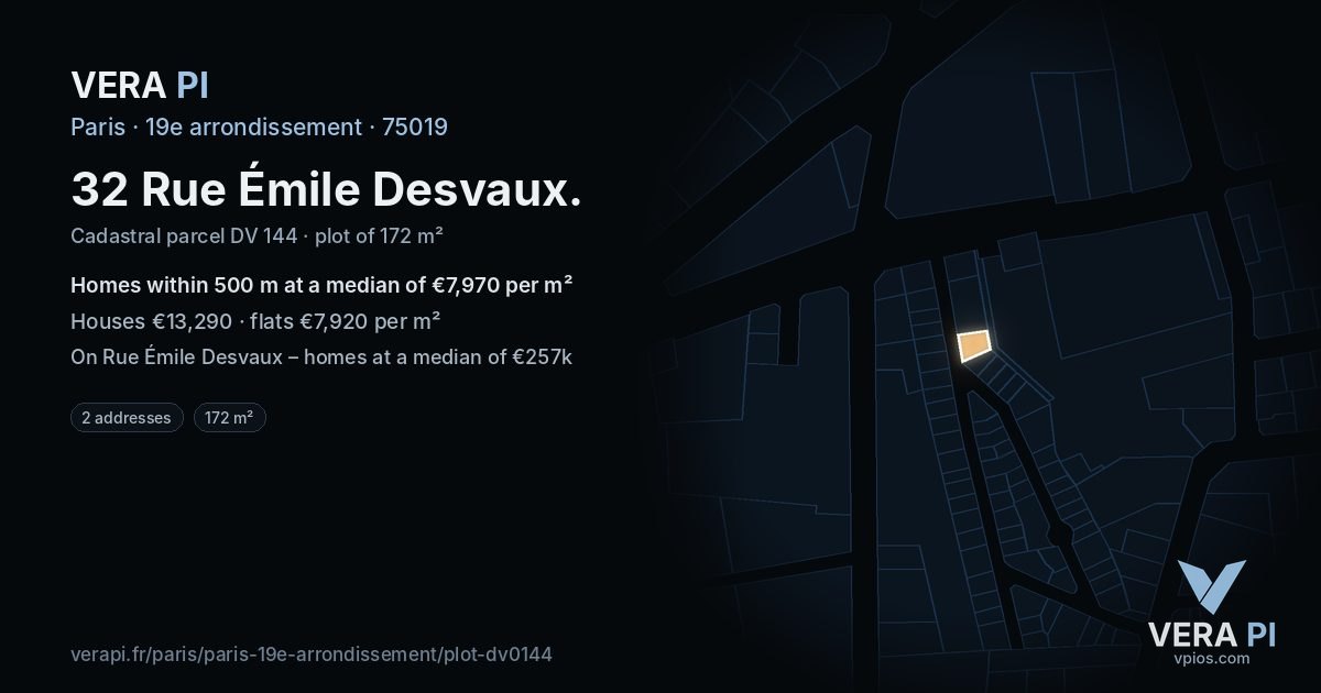 32 Rue Émile Desvaux, 19e arrondissement at night – the plot lit, the parcels around coloured by the prices near them