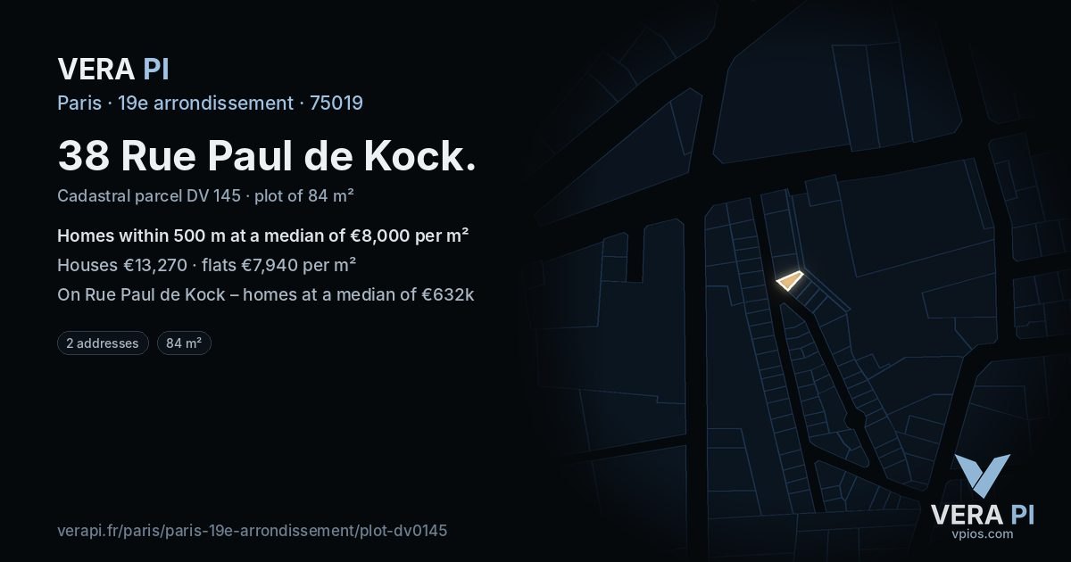 38 Rue Paul de Kock, 19e arrondissement at night – the plot lit, the parcels around coloured by the prices near them