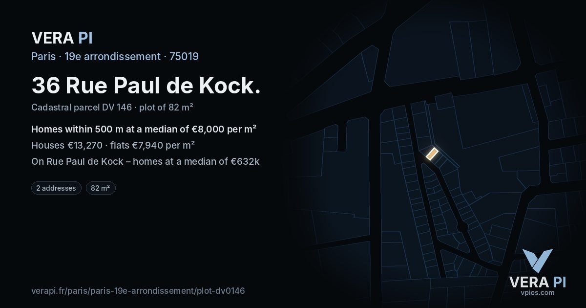 36 Rue Paul de Kock, 19e arrondissement at night – the plot lit, the parcels around coloured by the prices near them